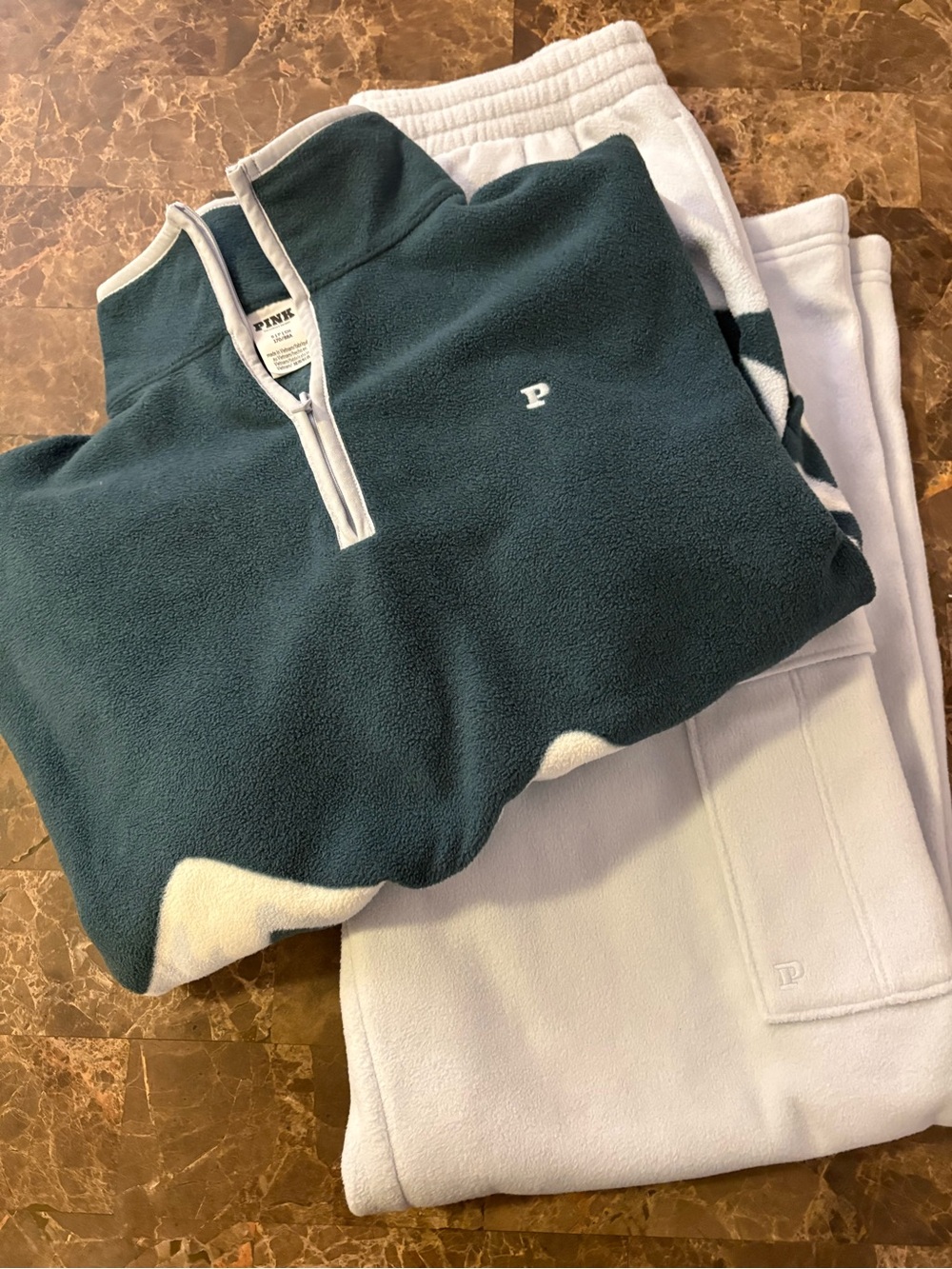 PINK Victoria's Secret Teal and White Quarter-Zip Fleece Pullover and Pant Set